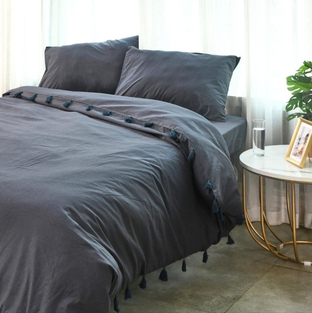 Folkulture navy blue tassel duvet set queen 100% cotton 2 shams included